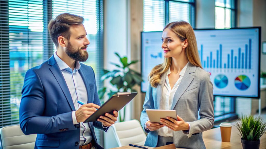 Business partners discussing project.